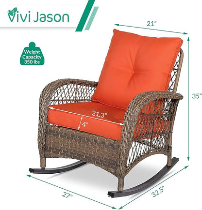 VIVIJASON 2 Piece Patio Wicker Rattan Rocker Chair, Outdoor Rattan Rocker Chair with Cushions & Steel Frame, All-Weather Rocking Lawn Wicker Furniture for Garden Backyard Porch (Orange)