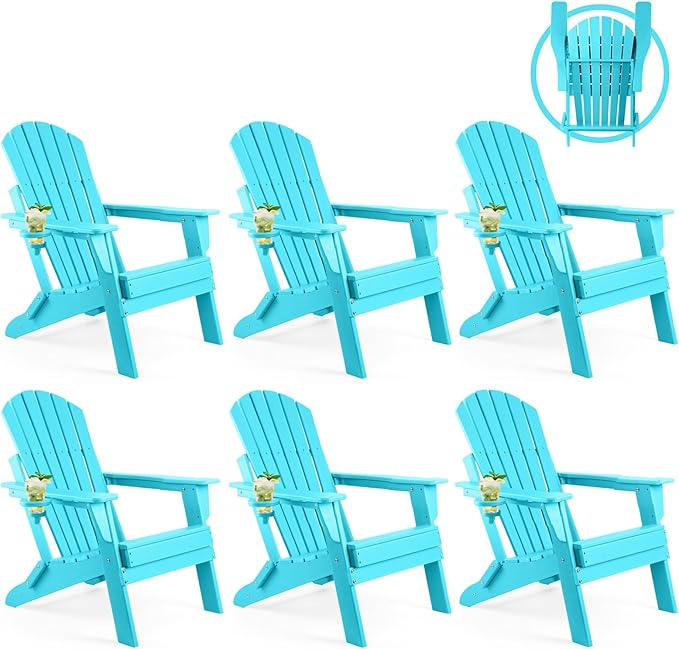 FUNBERRY Folding Adirondack Chair Set of 6, All Weather HDPE Fire Pit Chairs with Cup Holder for Outdoor - Photo 1
