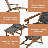 COSTWAY Patio Folding Rattan Lounge Chair, Acacia Solid Wood Frame, Low Deck Chair with Convenient Retractable Footrest - Photo 6