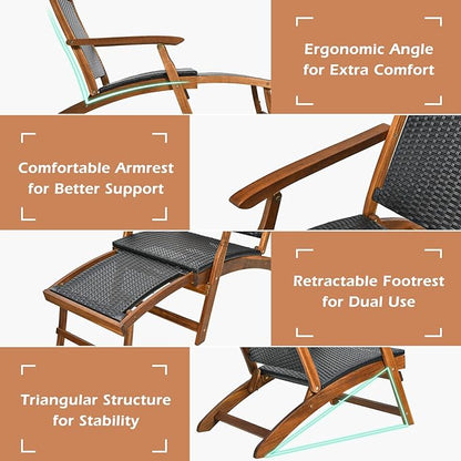 COSTWAY Patio Folding Rattan Lounge Chair, Acacia Solid Wood Frame, Low Deck Chair with Convenient Retractable Footrest, 24” x 51.5” x 32.5” (2)