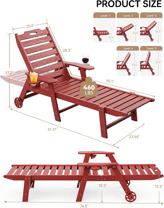 Carauci Lounge Chair Outdoor, HDPE Chaise Lounge with Wheels - Photo 3