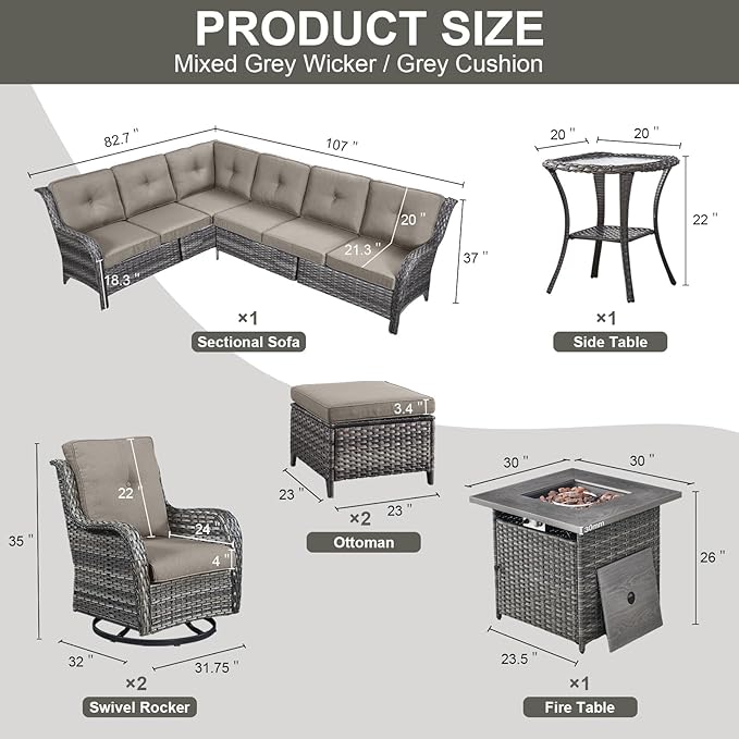 Belord Patio Furniture Set with Fire Pit Table,8 Piece Wicker Outdoor Furniture Set, Swivel Rocker Chairs with Ottomans and Sectional Couch, All Weather Patio Conversation Set,Gray Wicker/Gray