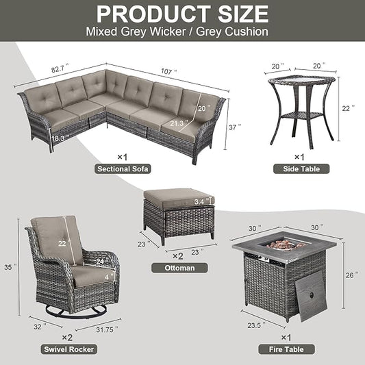Belord Patio Furniture Set with Fire Pit Table,8 Piece Wicker Outdoor Furniture Set, Swivel Rocker Chairs with Ottomans and Sectional Couch, All Weather Patio Conversation Set,Gray Wicker/Gray