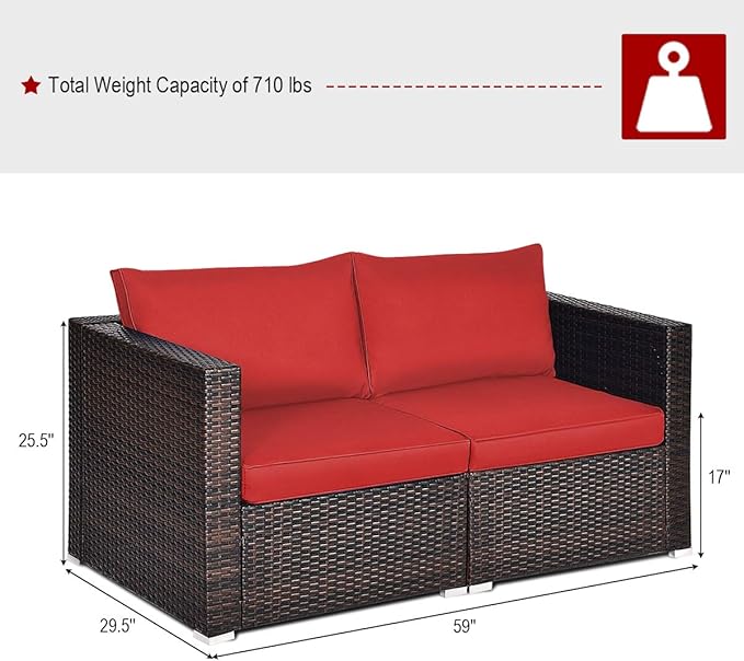 Tangkula 2 Seat Outdoor Wicker Loveseat Sofa Set, Modular PE Rattan 2 Pieces Outdoor Wicker Corner Sofa, Outside Furniture Set for Deck, Backyard, Porch, Garden & Poolside, Red
