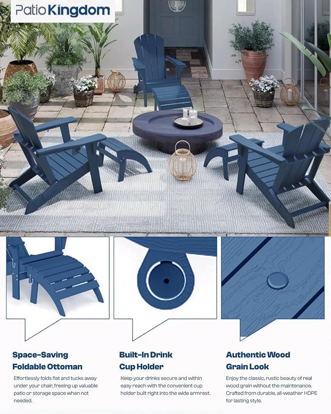 Folding Adirondack Ottoman Footrest, HDPE Plastic Outdoor Footstool No Assembly Required, All-Weather Foldable Ottoman for Adirondack Chair, Patio, Lawn, Garden, Deck, Poolside, Fire Pit, Blue
