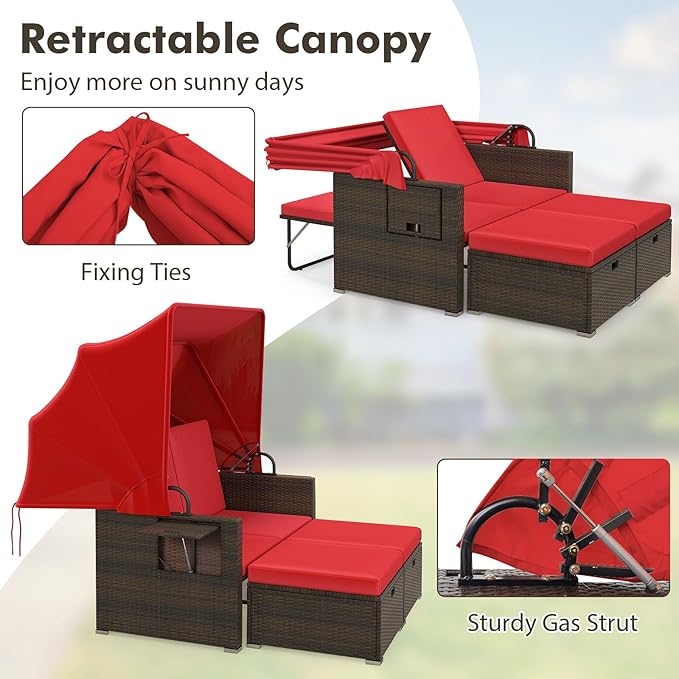 RELAX4LIFE Wicker Outdoor Daybed with Canopy - Rattan Loveseat Sofa Set w/Storage Ottomans, Adjustable Back, Retractable Trays, Sunbed Double Chaise Lounge for Backyard, 2-Seater Patio Daybed (Red)