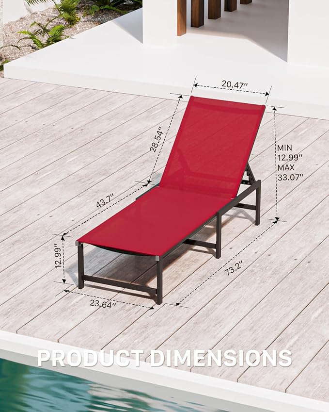 Chaise Lounge Chair Outdoor, Aluminum PatioChairs with 5 Adjustable Backrest and HeadrestPillows for Outside Beach，Red