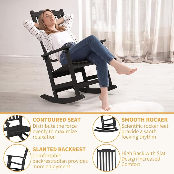 Outdoor Rocking Chairs Set of 2, Oversized All Weather High Back Porch Rocker, Patio Rockers for Outside