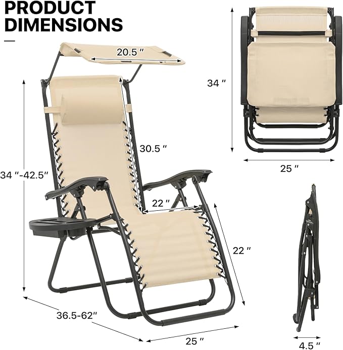 MoNiBloom Zero Gravity Chair with Canopy Shade, Patio Anti Gravity Recliner - Photo 3