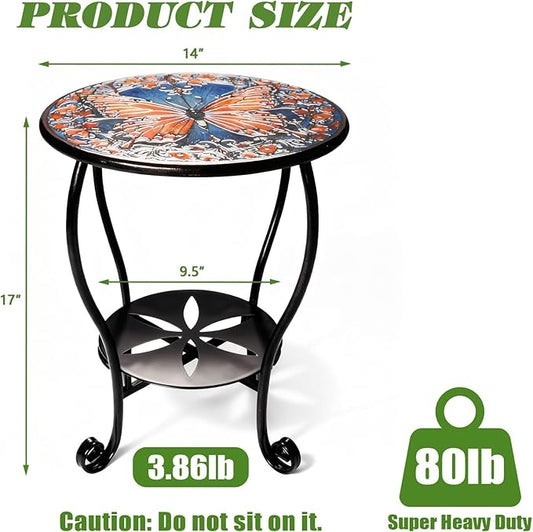 Outdoor Side Table Mosaic Patio Small End Table Metal Coffee Tea Accent Table for Patio Living Room Bedroom Yard Porch Garden (Red Butterfly)