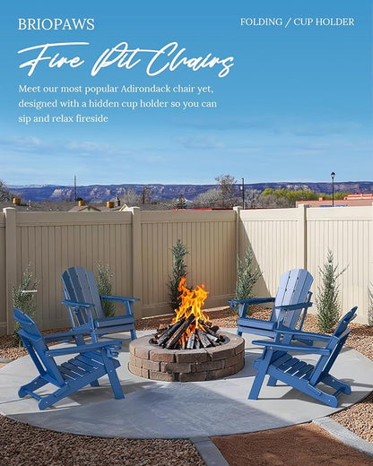 BRIOPAWS Folding-Adirondack-Chairs Set of 6 | HDPE | Fire Pit Chair | Cup Holder | Weather Resistance | Blue | for Outdoor Backyard Deck Patio