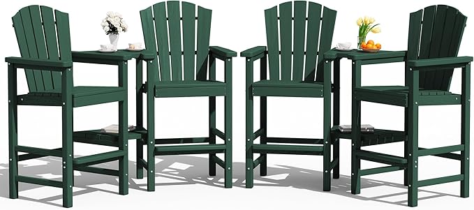 KINGYES Embossed Tall Adirondack Chair Set of 4, All Weather HDPE Outdoor Adirondack Bar Stools with Double Connecting Trays, High Airondack Chair with Wood Grain for Balcony, Backyard, Garden, Green