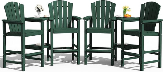 KINGYES Embossed Tall Adirondack Chair Set of 4, All Weather HDPE Outdoor Adirondack Bar Stools with Double Connecting Trays, High Airondack Chair with Wood Grain for Balcony, Backyard, Garden, Green