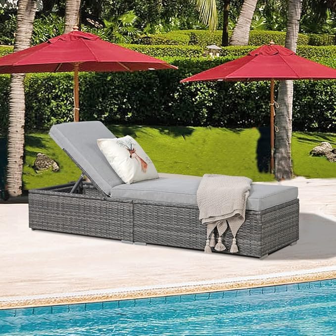 Patiorama Outdoor Patio Chaise Lounge Chair, Elegant Reclining Adjustable Pool Rattan Chaise Lounge Chair with Light Grey Cushion, Grey PE Wicker, Steel Frame