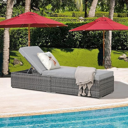 Patiorama Outdoor Patio Chaise Lounge Chair, Elegant Reclining Adjustable Pool Rattan Chaise Lounge Chair with Light Grey Cushion, Grey PE Wicker, Steel Frame