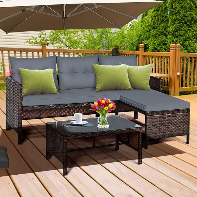 Tangkula Patio Corner Sofa Set 3 Piece, Outdoor Rattan Sofa Set, Includes Lounge Chaise, Loveseat & Coffee Table - Photo 2