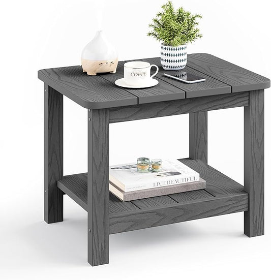 18" Outdoor Side Table, 2-Tier Patio Side Table, Weather Resistant, Easy Assembled, HIPS Adirondack Side Table for Backyard, Pool, Indoor (Gray)