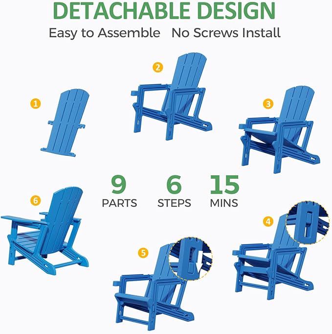 FONTOI Adirondack Chair, Outdoor Weather Resistant Lawn Furniture, Plastic Adirondack Chair with Cup Holder, 400 LBS Capacity Recliner, Garden Backyard Patio Without Screws Install,Set of 2 Klein Blue