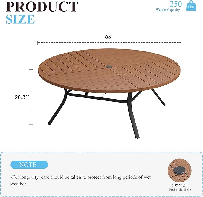VICLLAX 63" Round Patio Table with Umbrella Hole, All Weather Metal Outdoor Dining Table for 8-10, Outside Table for Lawn Garden, Walnut Wood-Grain Finish