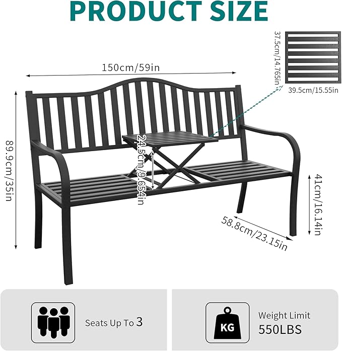 2 in 1 Metal Bench Patio Bench, Outdoor Benches Weatherproof with Folding Middle Table - Photo 3