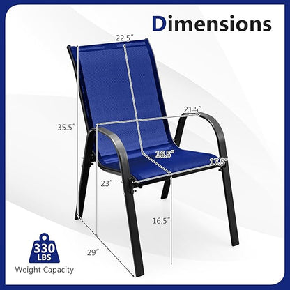 COSTWAY Patio Dining Chairs Set of 2, Stackable Outdoor Chairs with Armrest and High Back, Breathable Fabric & Metal Frame Chair for Garden Poolside Backyard Deck (Navy)
