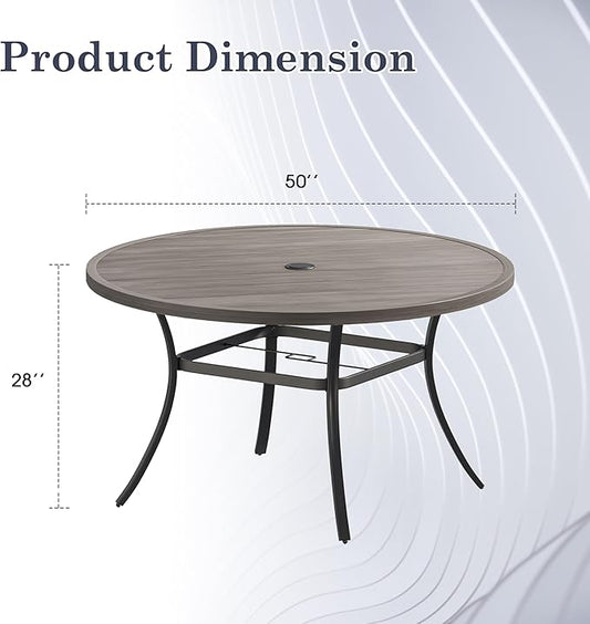 Outdoor Dining Table for 6, 50" Round Outdoor Table with Adjustable Umbrella Hole, All-Weather Metal Patio Dining Table for Lawn Garden Backyard Deck, Grey