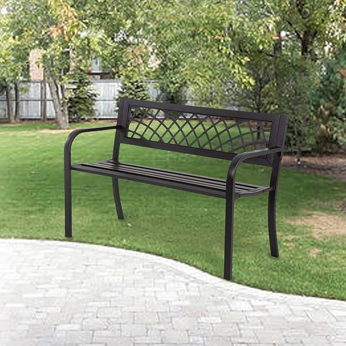 BSTOPHKL Outdoor Bench, Patio Garden Bench for Outside Steel Frame Patio Metal Bench for Porch, Lawn, Balcony, Backyard, Poolside, Outside Decor Furniture, Black