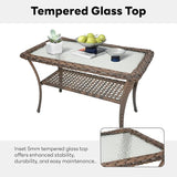 Belord 38 Inch Outdoor Coffee Table with 2 Tier Storage - Wicker Coffee Table with Water Ripple Texture Tempered Glass - Photo 4
