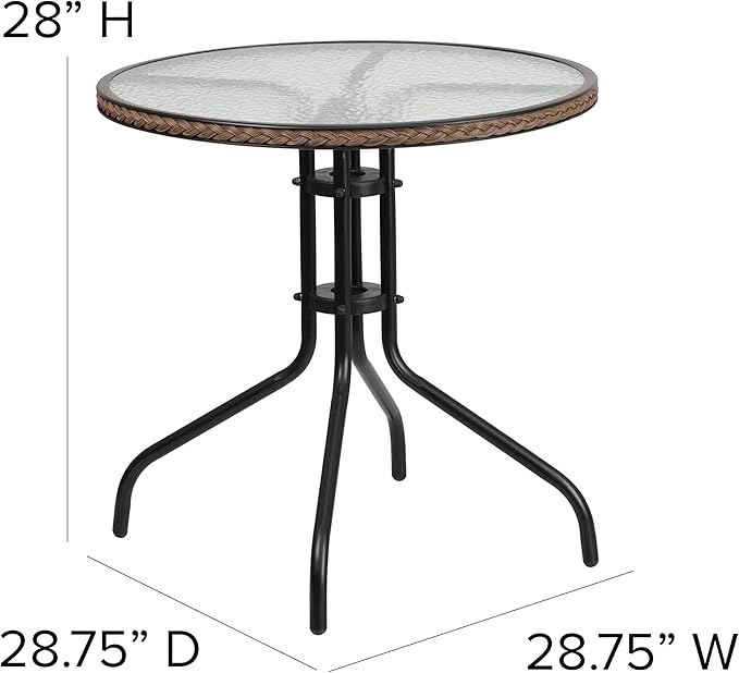 Flash Furniture Barker 28'' Round Tempered Glass Metal Table with Dark Brown Rattan Edging