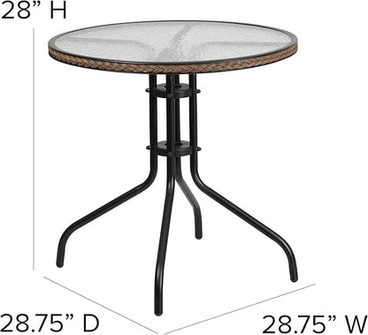 Flash Furniture Barker 28'' Round Tempered Glass Metal Table with Dark Brown Rattan Edging