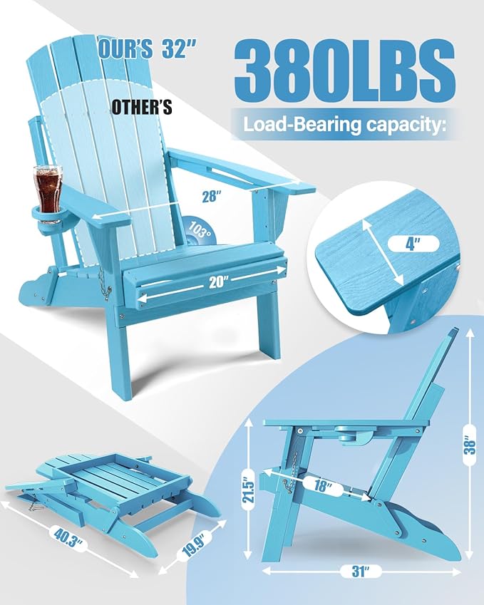 Adirondack Chairs Set of 2 for Outdoor Patio: Sturdy HDPE Plastic Fire Pit Chairs with Cup Holder & Wood Texture - Comfortable Easy to Assembly All-Weather Furniture - Easy Foldable and Stackable