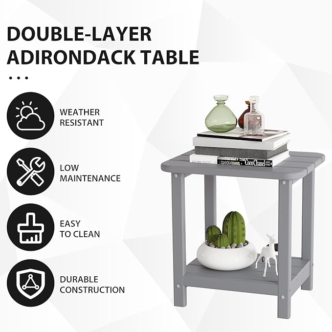 Sundale Outdoor 18" Small Side Table, Patio HDPE All Weather Small Adirondack End Table Water Resistant 2 Tier Rectangular Outside Table for Pool, Garden, Beach, Grey