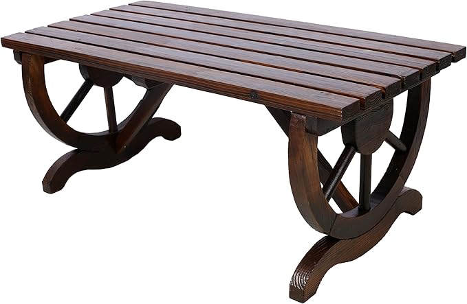 Outdoor Rustic Wooden Bench, 2 People Outdoor Bench with Wagon Wheel Legs, Garden Bench for Front Porch Furniture Patio Lawn Yard Park, Indoor and Outdoor Decor (Rustic Brown)