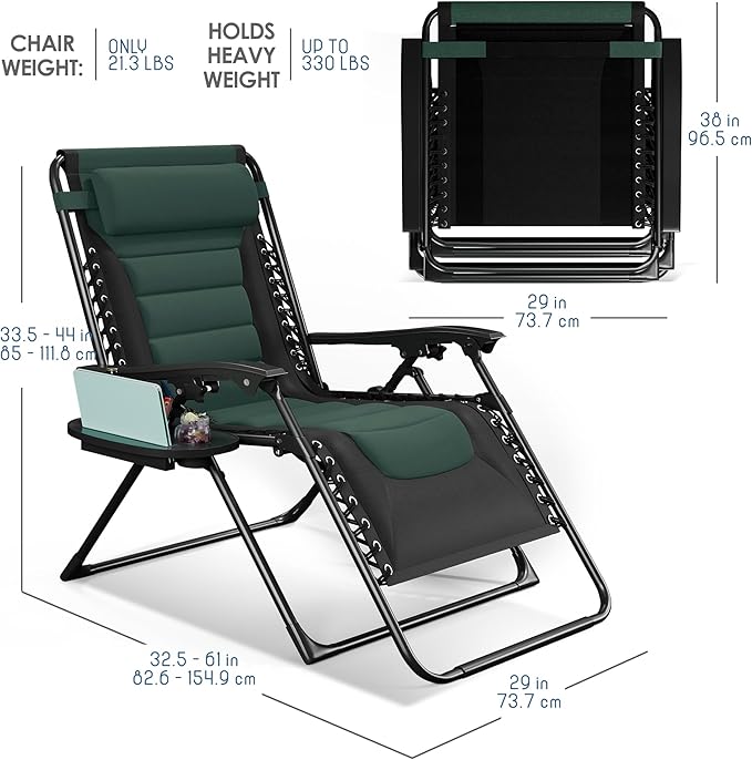 Nestl Outdoor Padded Zero Gravity Chair, Patio Lounge Chair Outdoor Recliner, Oversized Anti Gravity Lounger with Adjustable Headrest and Cup Holder, Foldable for Camping, Yard - Black/Forest Green