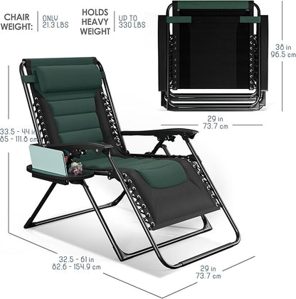 Nestl Outdoor Padded Zero Gravity Chair, Patio Lounge Chair Outdoor Recliner, Oversized Anti Gravity Lounger with Adjustable Headrest and Cup Holder, Foldable for Camping, Yard - Black/Forest Green