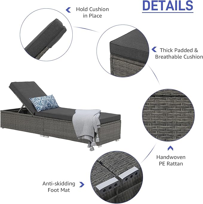 Patiorama Outdoor Patio Chaise Lounge Chair, Elegant Reclining Adjustable Pool Rattan Chaise Lounge Chair with Cushion, Grey PE Wicker, Steel Frame, Dark Grey, Set of 4