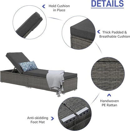 Patiorama Outdoor Patio Chaise Lounge Chair, Elegant Reclining Adjustable Pool Rattan Chaise Lounge Chair with Cushion, Grey PE Wicker, Steel Frame, Dark Grey, Set of 4