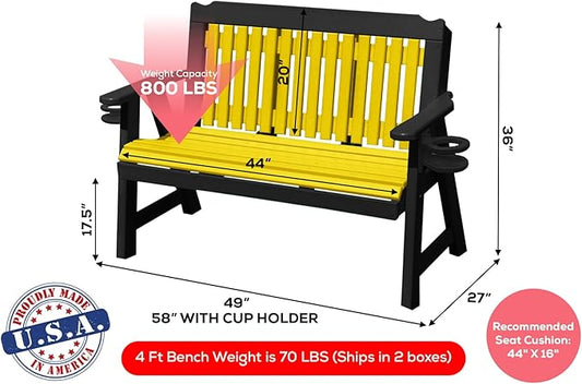 2-Person 4FT Plastic Poly Lumber Wood Cup Holders Bench Amish Craftsmanship Made in USA HDPE with No wood fibers Memorial Patio Outdoor Garden Porch Church Logan Series Signature design 800 lbs Limit