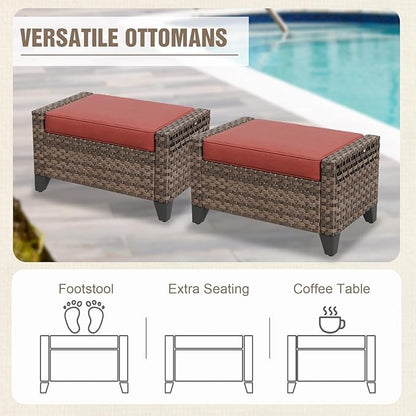 Modern Wicker Outdoor Swivel Rocking Chairs, Rattan Glider Rocker Patio Furniture for Backyard, Deck, Porch, Garden, 2 Chairs 2 Ottomans, Brown/Red