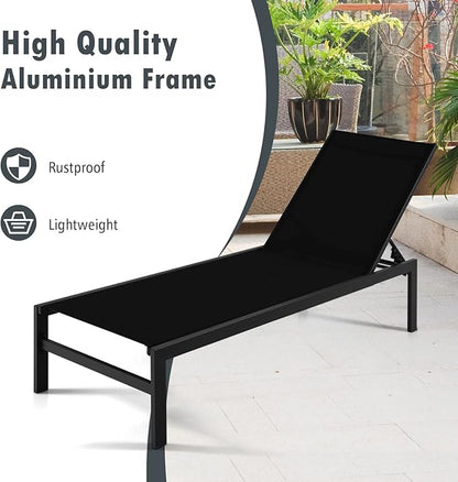 Giantex Set of 2 Patio Chaise Lounge Chair, Outdoor Sunbathing Chair Lawn Reclining Lounger with 6 Adjustable Position, Aluminium Frame, Tanning Chairs for Deck,Yard, Pool Lounge Chairs (2, Black)