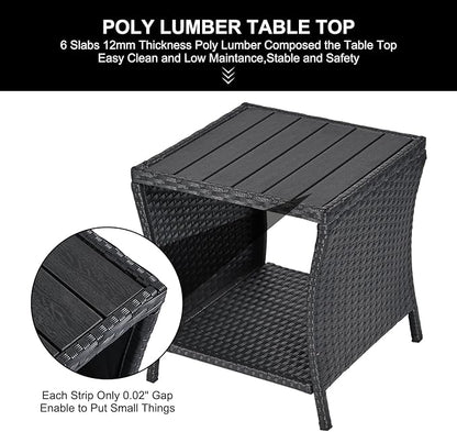 Outdoor Side Table Small Outdoor End Table for Patio Black Wicker Rattan Coffee Table with Storage & Poly Lumber Table Top Square for Outside Balcony Porch Backyard Deck