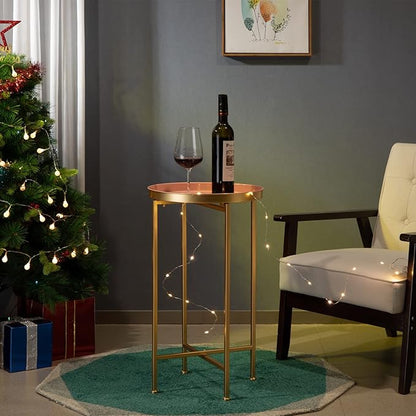 HollyHOME Small Round Metal End Table, Accent Indoor&Outdoor Coffee Side Table, Snack Sofa Table for Living Room, Anti-Rust Decorative Plant Stand, (D) 14.5" x(H) 25", Gold&Pink