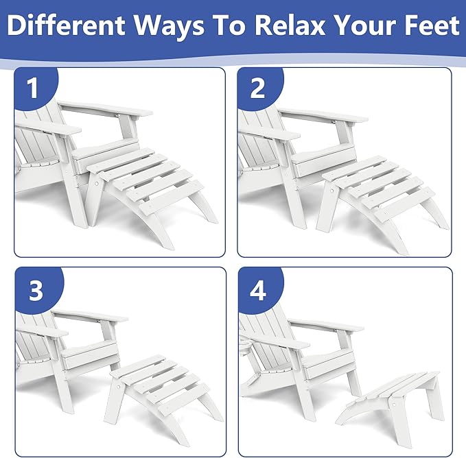 FOOWIN Folding Adirondack Ottoman Set of 4, HDPE All Weather Adirondack Footrests, Ottoman for Adirondack Chair,Patio Footstool for Outside Easy Storage,for Patio, Backyard, Porch, Garden, White