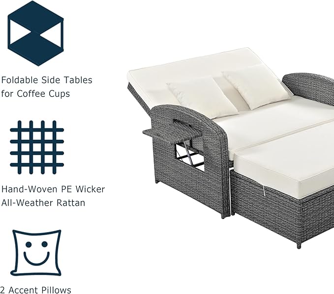 Modern Outdoor Rattan Double Chaise Lounge, 2-Person Reclining Sunbed with 3-Height Adjustable Back - Photo 6