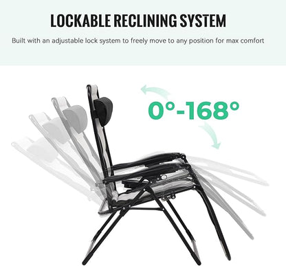 JEAREY Oversized Padded Zero Gravity Chairs, Folding Lounge Chair Outdoor Patio Recliner, Anti Gravity Chair for Backyard with Headrest, Cup Holder, Side Tray, Polyester Mesh - Black/Gray