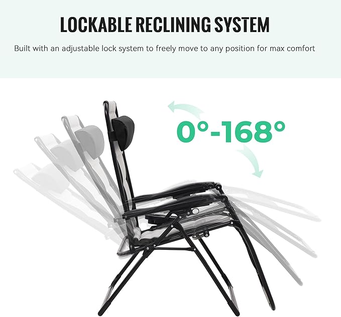JEAREY Oversized Padded Zero Gravity Chairs Set of 2, Folding Lounge Chair Outdoor Patio Recliner, Anti Gravity Chair for Backyard with Headrest, Cup Holder, Side Tray, Polyester Mesh - Black/Gray