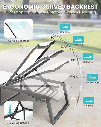 Aluminum Chaise Lounge Chair Outdoor, Foldable & Assembly Free Patio Pool Lounge Chairs 5-Position Recliner for Outside Poolside, Fully Grounded Legs Sun Lounger for Beach, Yard, Bright White