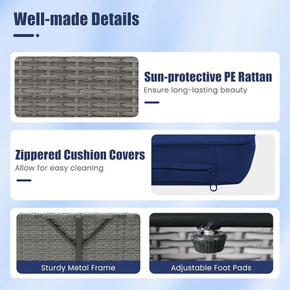 Tangkula Patio Rattan Daybed with 4-Level Adjustable Backrest, Outdoor PE Wicker Loveseat with Storage Ottoman & Folding Side Table, Double Sunbed for Balcony, Backyard & Poolside, Navy & Grey