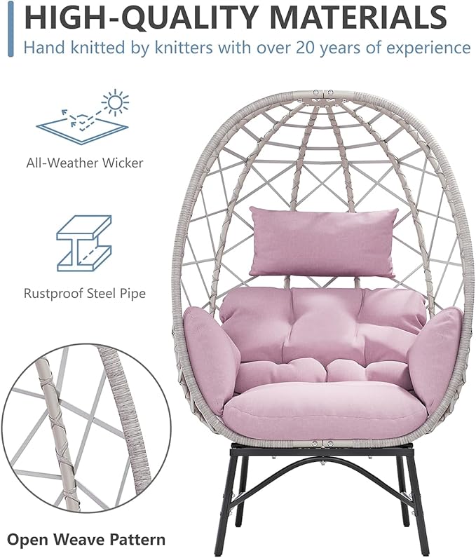 SWITTE Wicker Egg Chair Outdoor, Oversized Patio Lounge Chairs with Cushion for Indoor Living Room, Bedroom, Outside Backyard Balcony-Pink