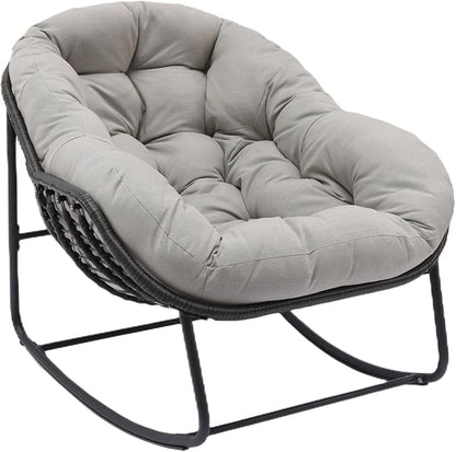 Indoor & Outdoor Rocking Chair, Oversized Rattan Royal Rocking Chair with Padded Cushion, Rocker Egg Chair for Living Room, Patio, Front Porch, Backyard, Grey